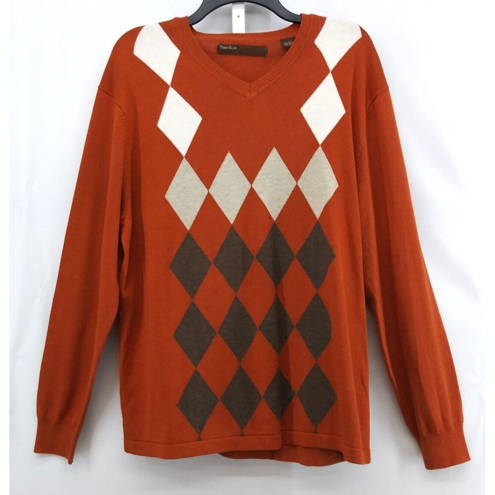 Perry Ellis Sweater Mens Size L Burnt Orange Argyle Long Sleeve V-Neck Pullover